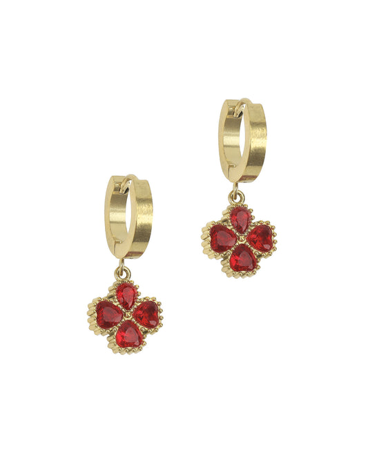 Gold steel creoles with ruby clover design