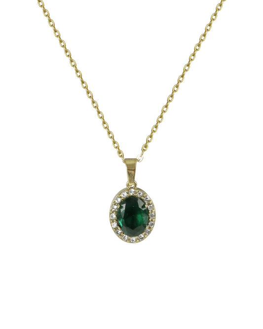 Collier en acier doré pendentif ovale émeraude avec strass