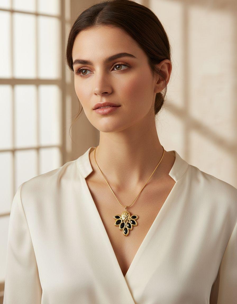 COLLIER EN ACIER DORE MOTIF FLORAL COULEUR ONYX