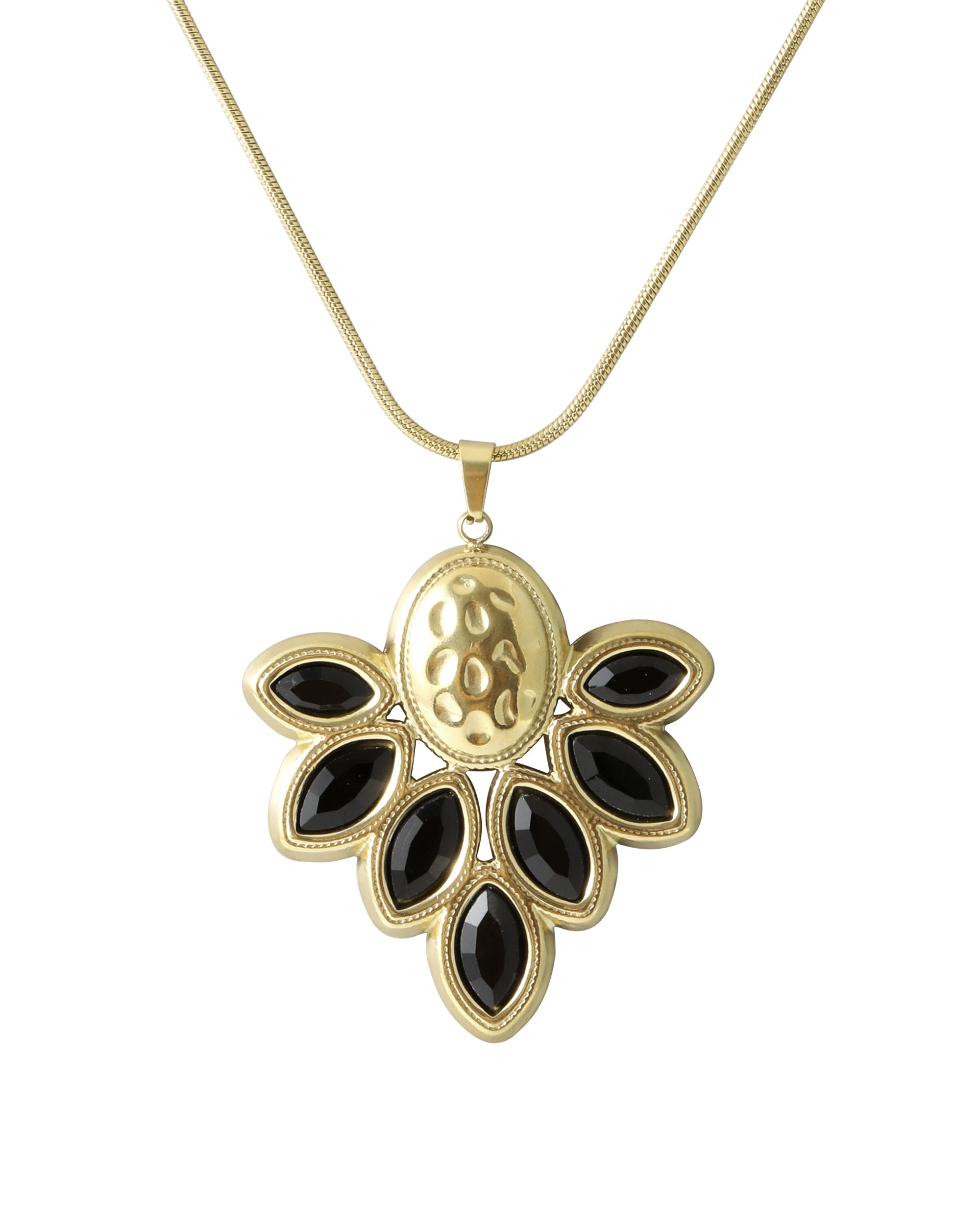 COLLIER EN ACIER DORE MOTIF FLORAL COULEUR ONYX