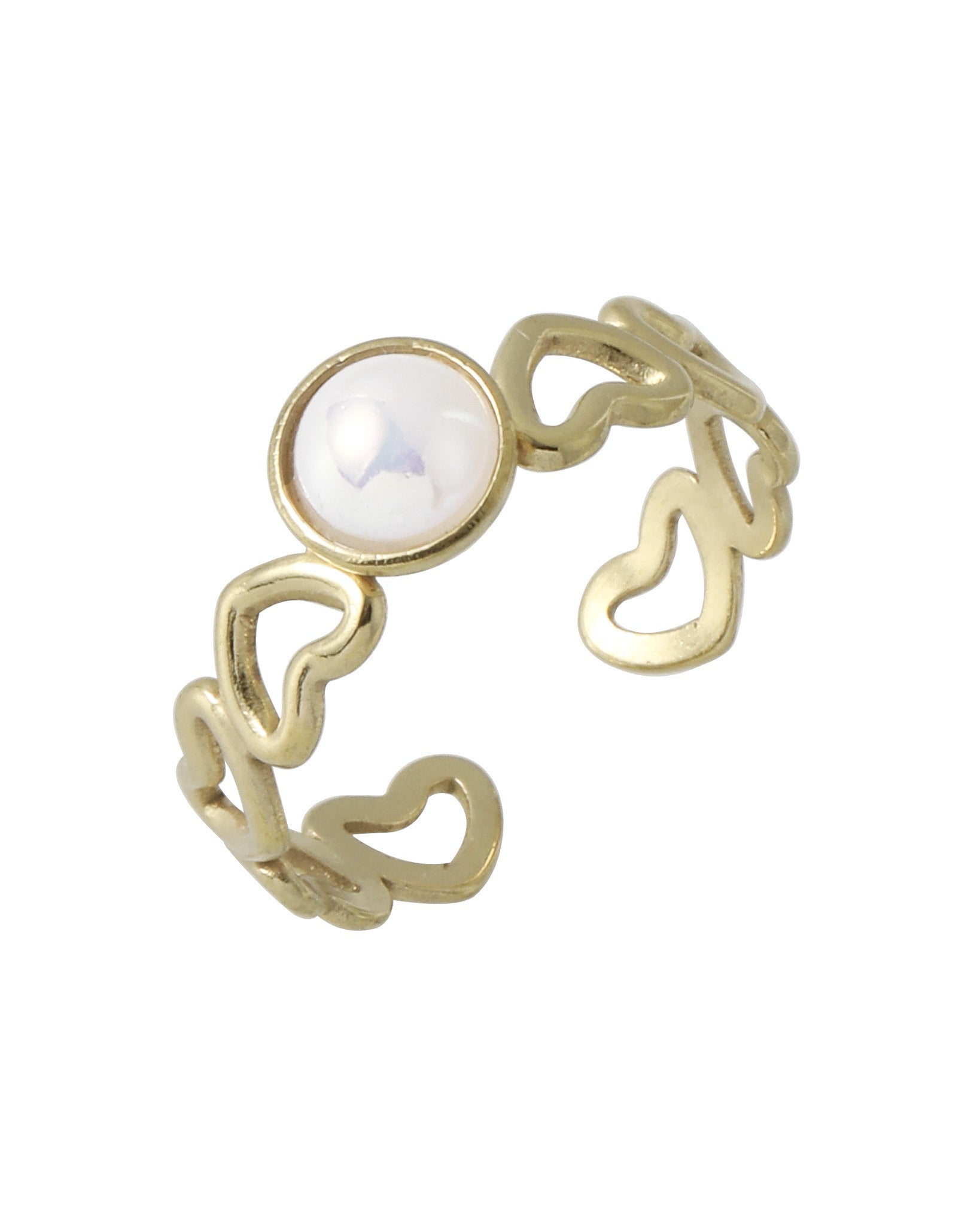 BAGUE EN ACIER DORÉ COEUR AVEC PERLE CENTRALE