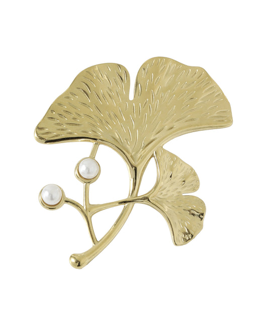 Vergulde stalen broche met bloemendesign en kralen