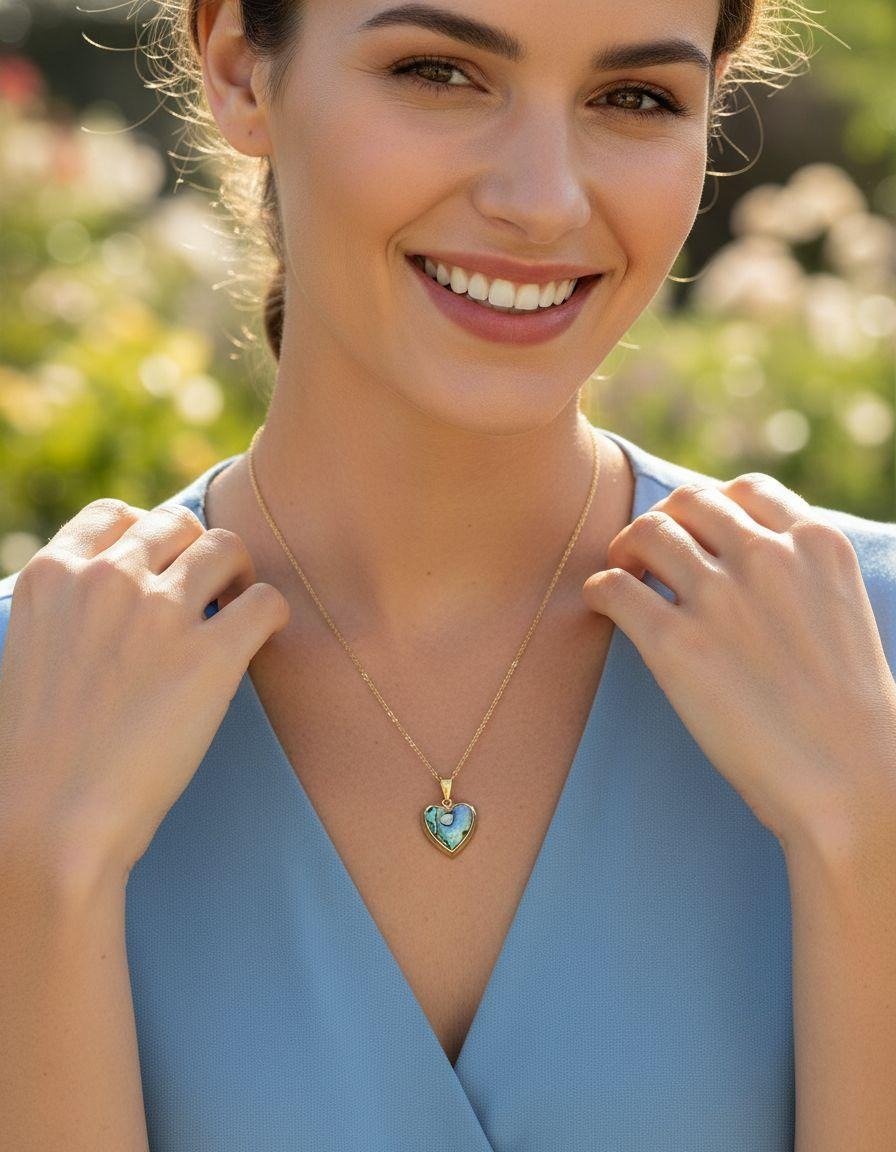 COLLIER EN ACIER DORE MEDAILLON COEUR NACRE D'ORMEAU