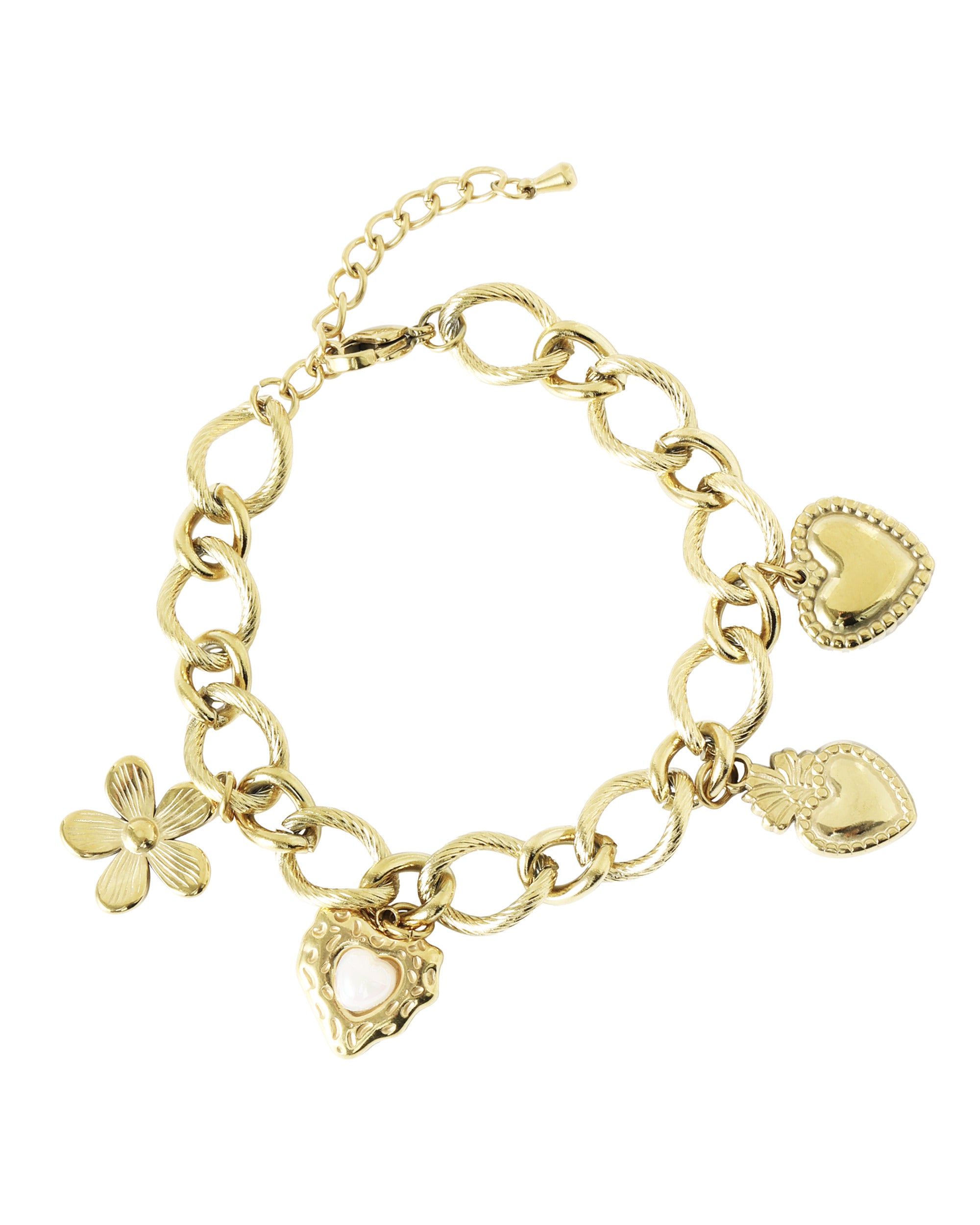 BRACELET EN ACIER DORE AVEC CHARMS COEUR + FLEUR