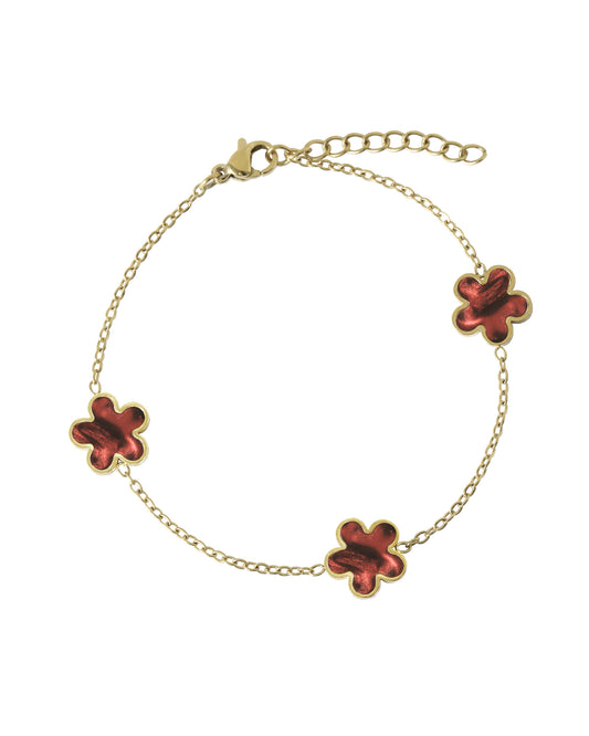 Vergulde stalen armband met granaatkleurige parelmoerbloem