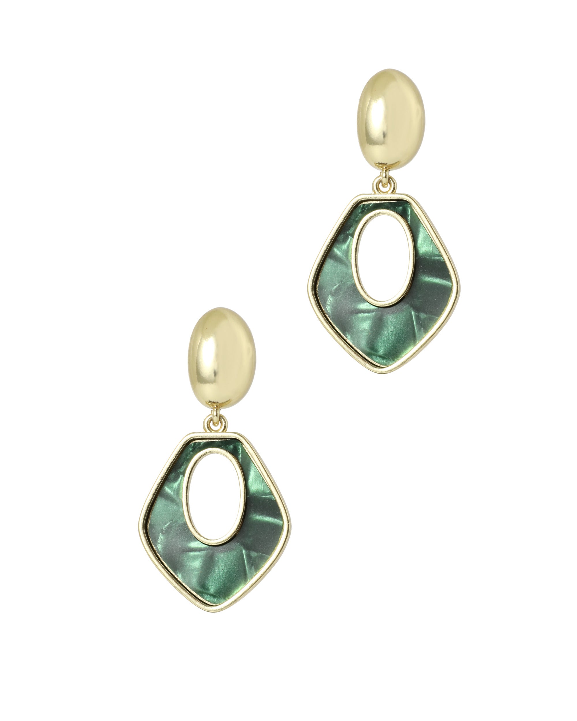 BOUCLES D'OREILLES EN ACIER DORE LOSANGE NACRE COULEUR EMERAUDE