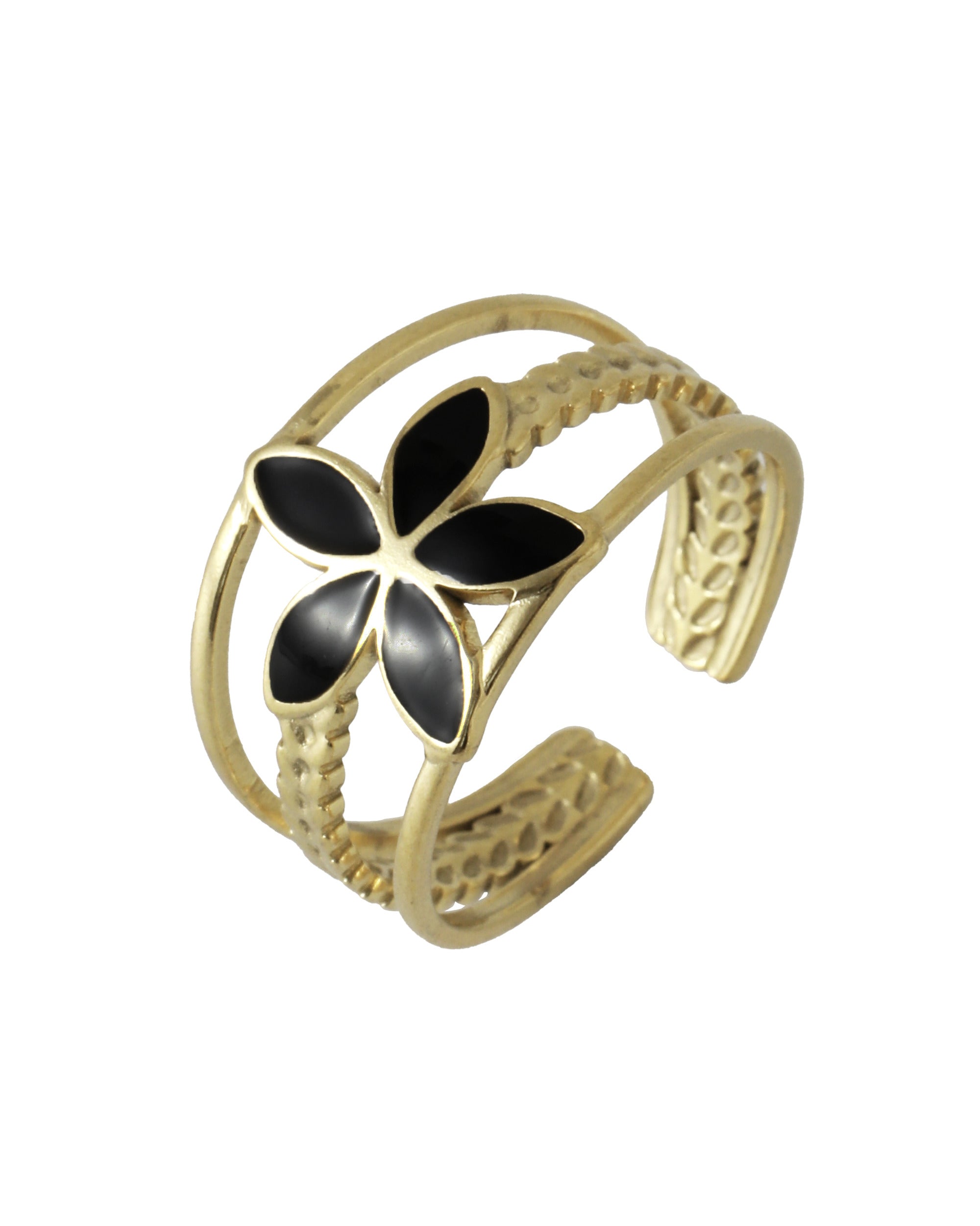 BAGUE EN ACIER DORÉ TRIPLES LIGNE AVEC FLEUR NACRE COULEUR ONYX