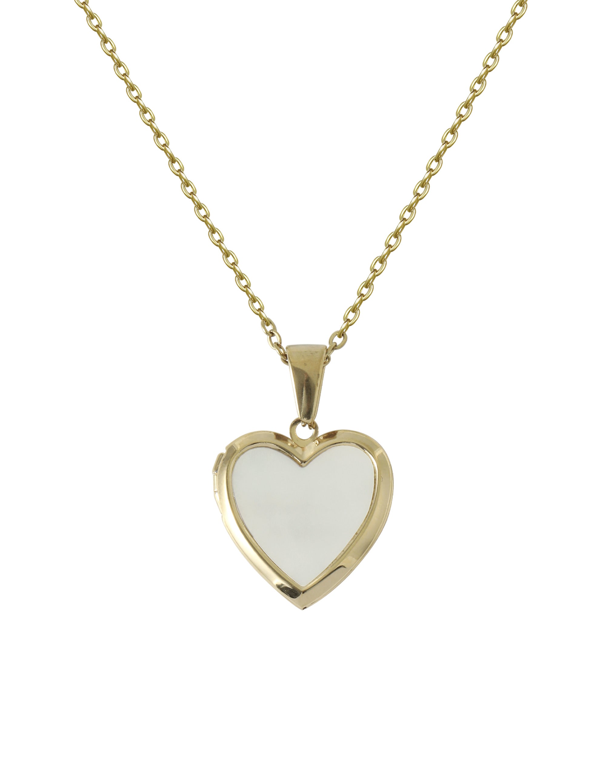 COLLIER EN ACIER DORE MEDAILLON COEUR NACRE BLANC