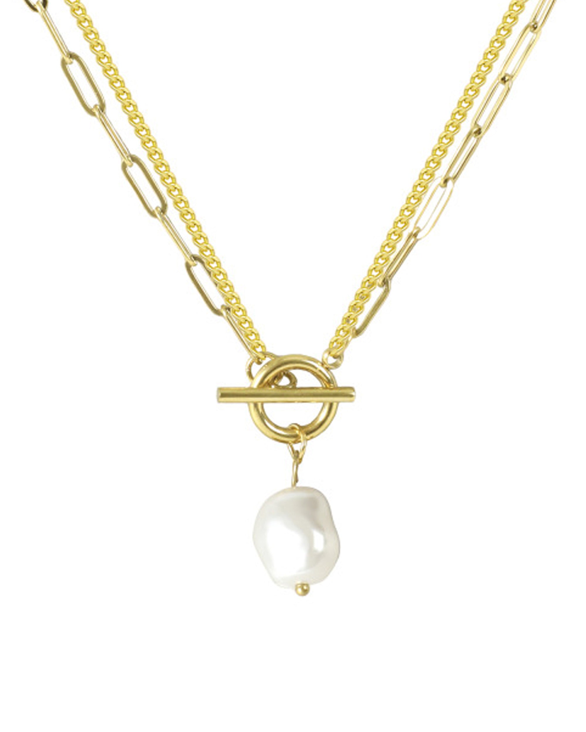 COLLIER EN ACIER DORE DOUBLE MAILLE AVEC PERLE BAROQUE