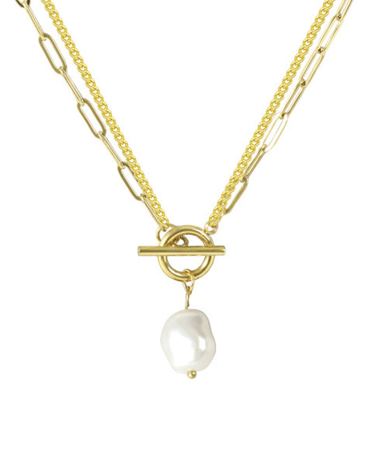 Collier en acier doré double maille avec perle baroque