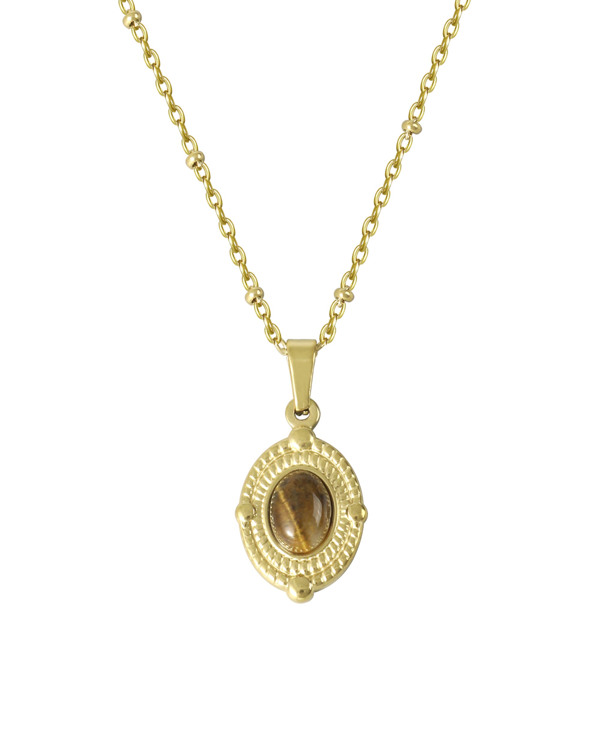 COLLIER EN ACIER DORE MEDAILLON OEIL DE TIGRE