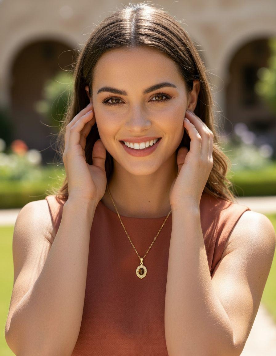 COLLIER EN ACIER DORE MEDAILLON OEIL DE TIGRE