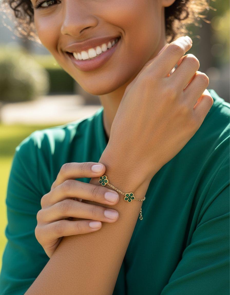 BRACELET EN ACIER DORE AVEC FLEUR  MARTELE EMERAUDE