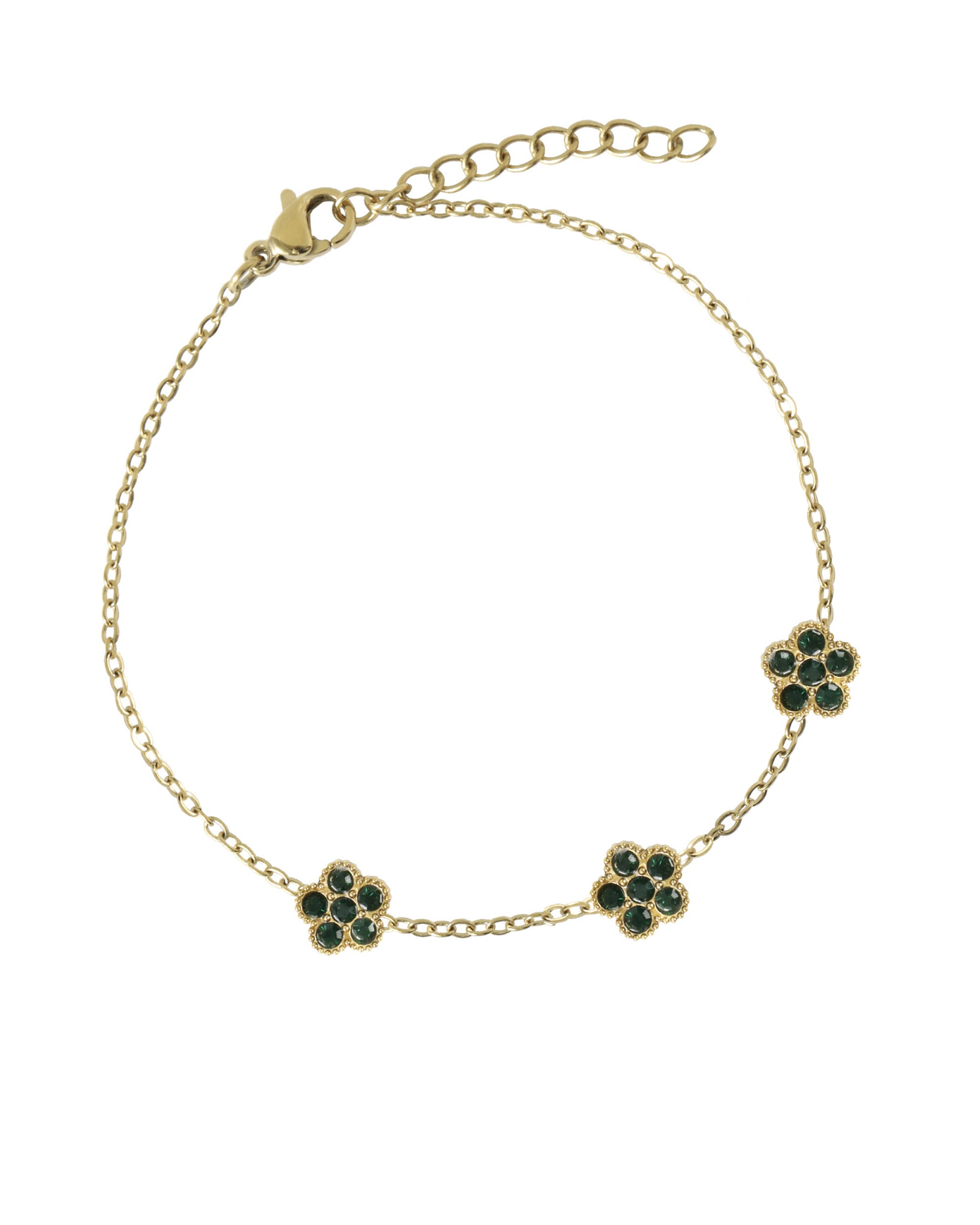BRACELET EN ACIER DORE AVEC FLEUR  MARTELE EMERAUDE