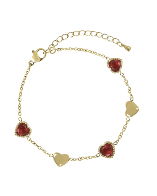 Gold-plated steel bracelet with ruby and smooth hearts