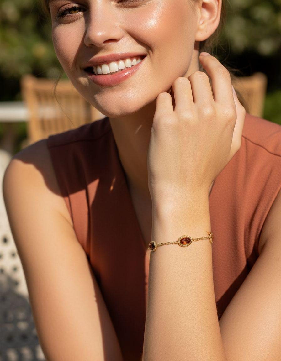 BRACELET EN ACIER DORE MOTIF OVALE GRENAT AVEC PAPILLON