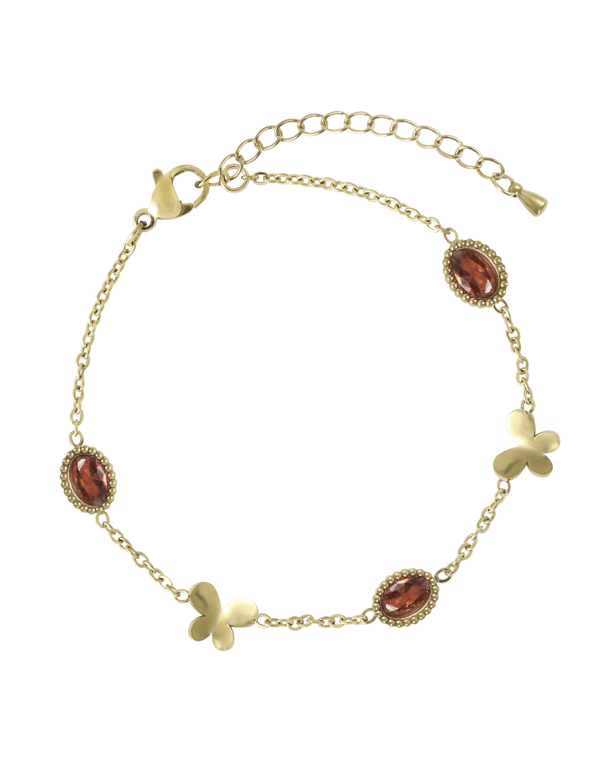 BRACELET EN ACIER DORE MOTIF OVALE GRENAT AVEC PAPILLON