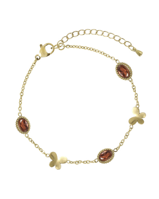 Gold-plated steel bracelet with oval garnet motif and butterfly