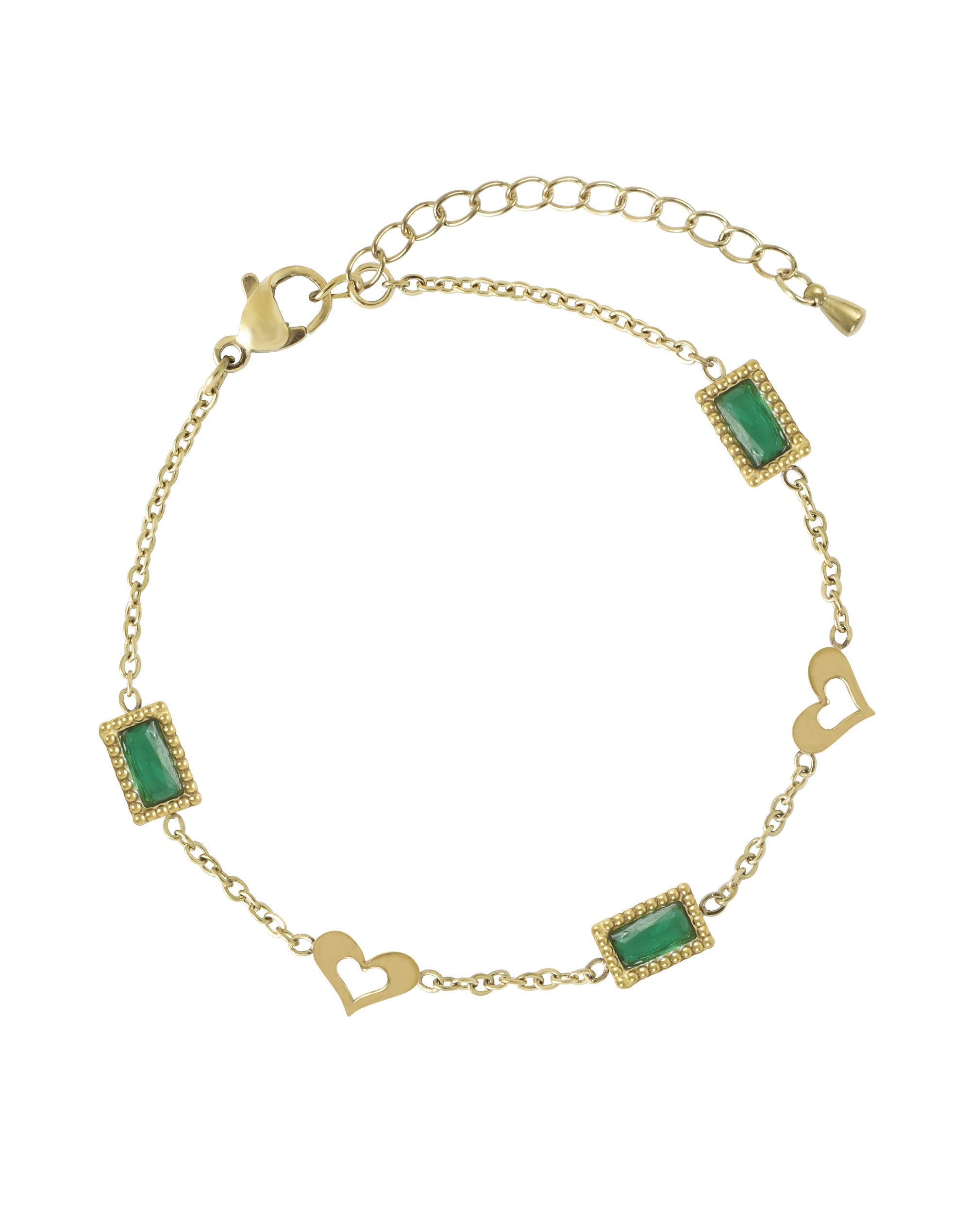 BRACELET EN ACIER DORE ORNE D'UN MOTIF RECTANGULAIRE EMERAUDE + COEUR EVIDE