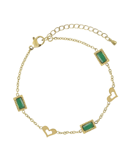 Bracelet en acier doré orne d'un motif rectangulaire émeraude + coeur évidé