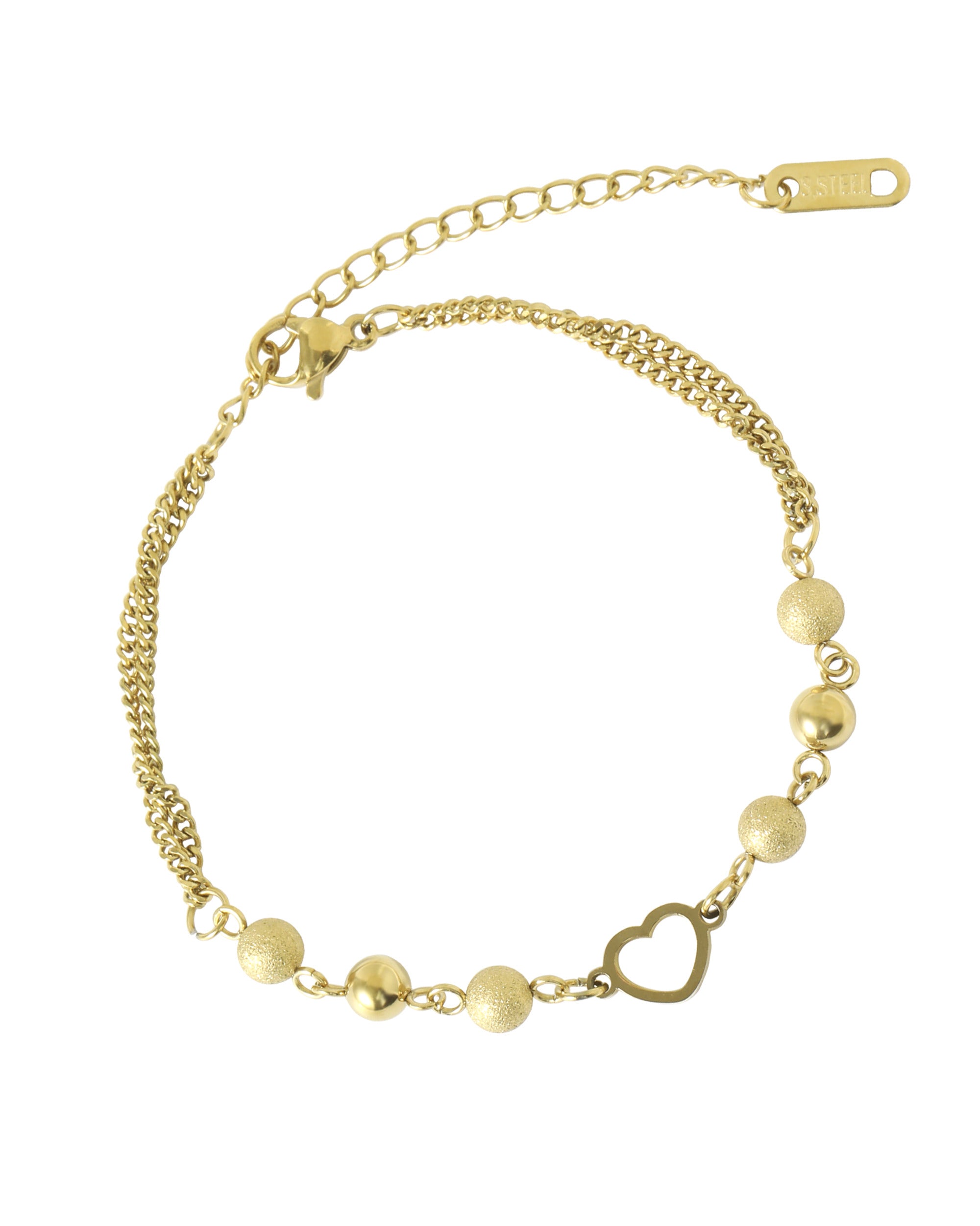 BRACELET EN ACIER DORE ORNE D'UN COEUR AVEC BILLES PAILLETEE + LISSE