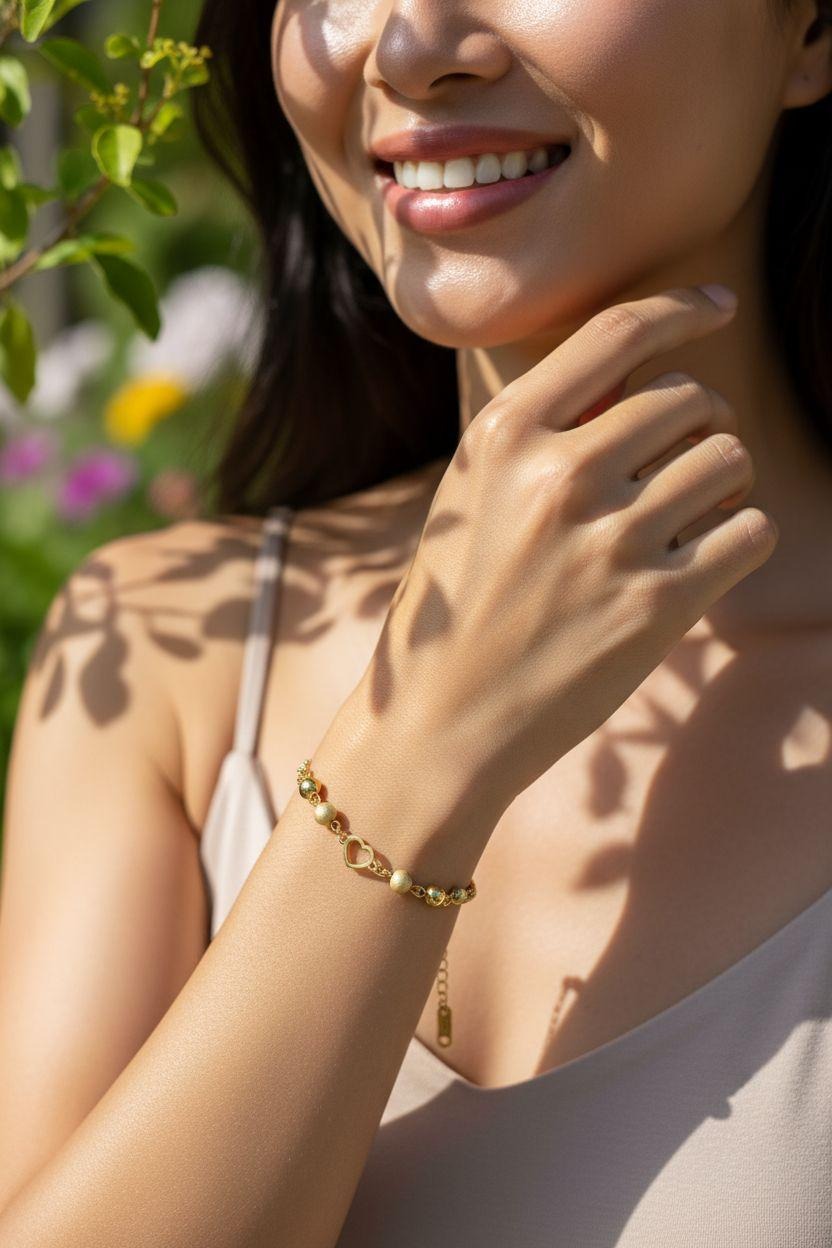 BRACELET EN ACIER DORE ORNE D'UN COEUR AVEC BILLES PAILLETEE + LISSE