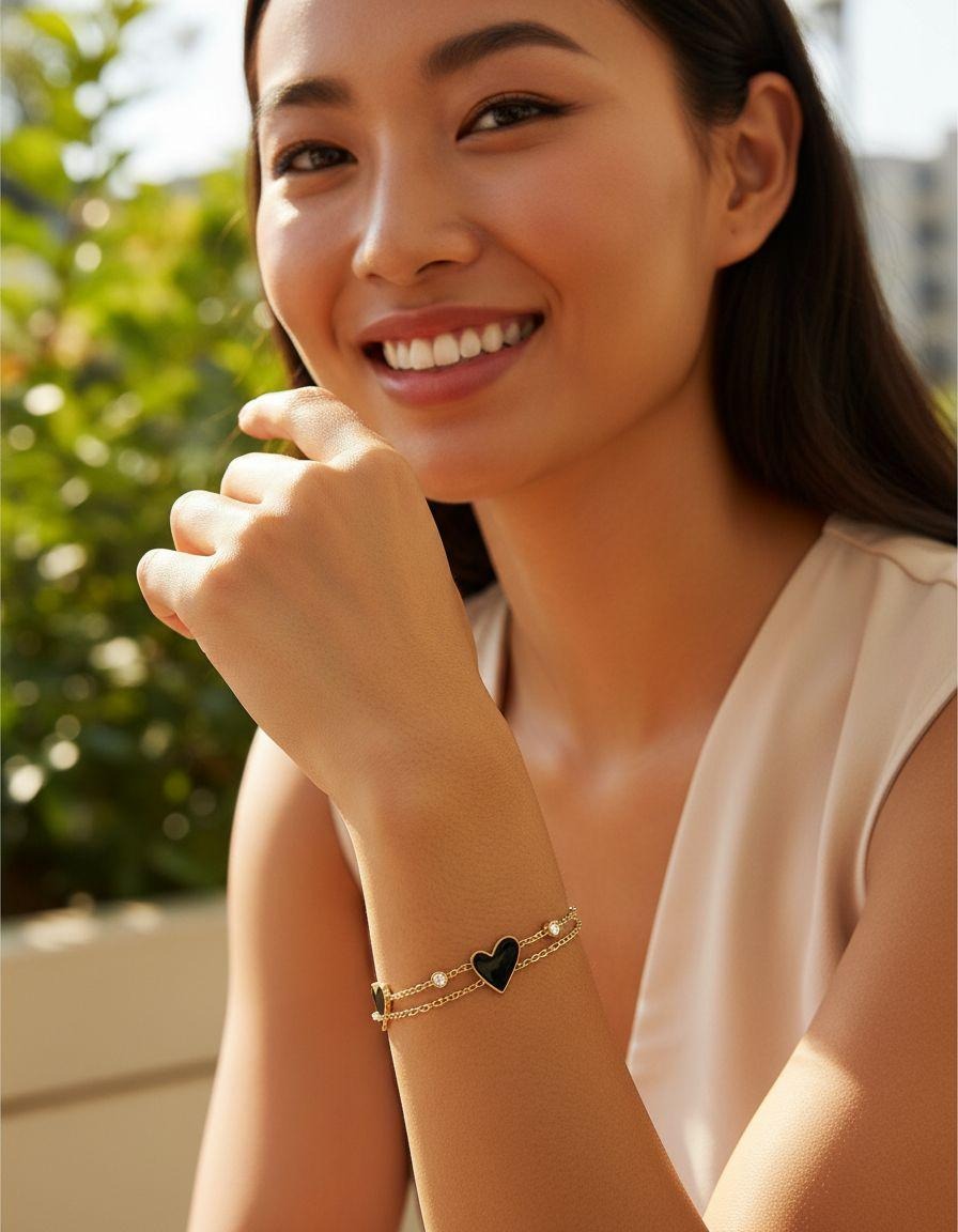 BRACELET EN ACIER DORE TRIPLE COEUR COULEUR ONYX + STRASS