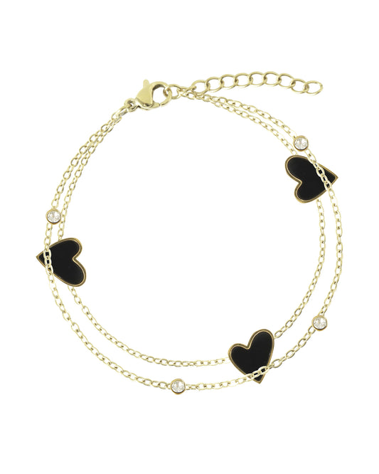 Bracelet en acier doré triple coeur couleur onyx + strass