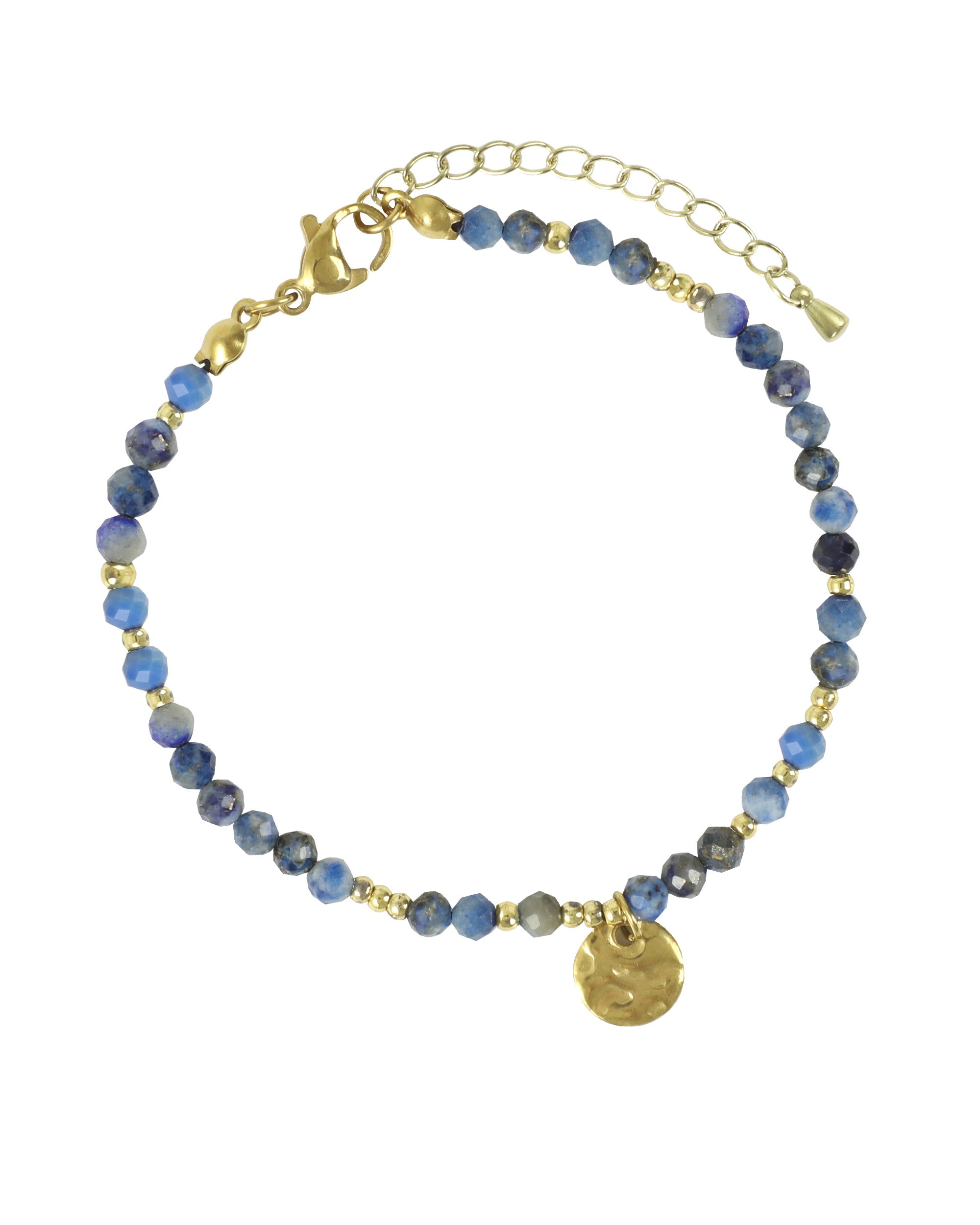 BRACELET EN ACIER DORE AVEC BILLES BLEU  MARBRE ORNE D'UNE PASTILLE MARTELEE