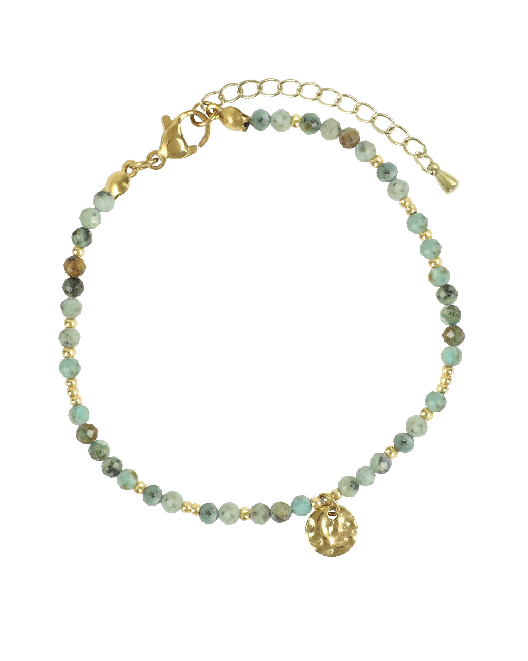 BRACELET EN ACIER DORE AVEC BILLES JADE MARBRE ORNE D'UNE PASTILLE MARTELEE