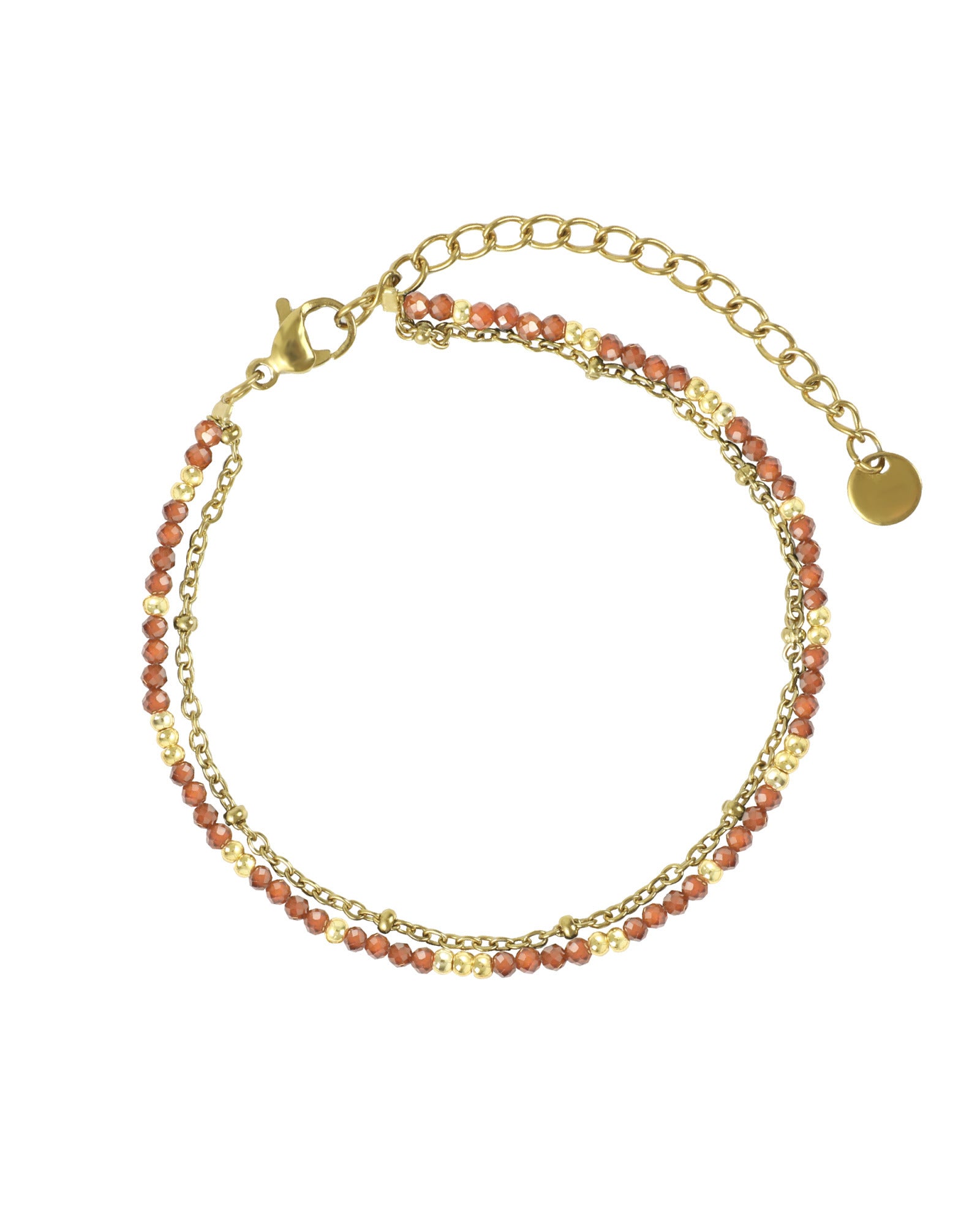 BRACELET EN ACIER DORE DOUBLE MAILLE AVEC BILLES GRENAT