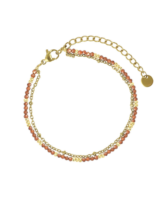 Bracelet en acier doré double maille avec billes grenat