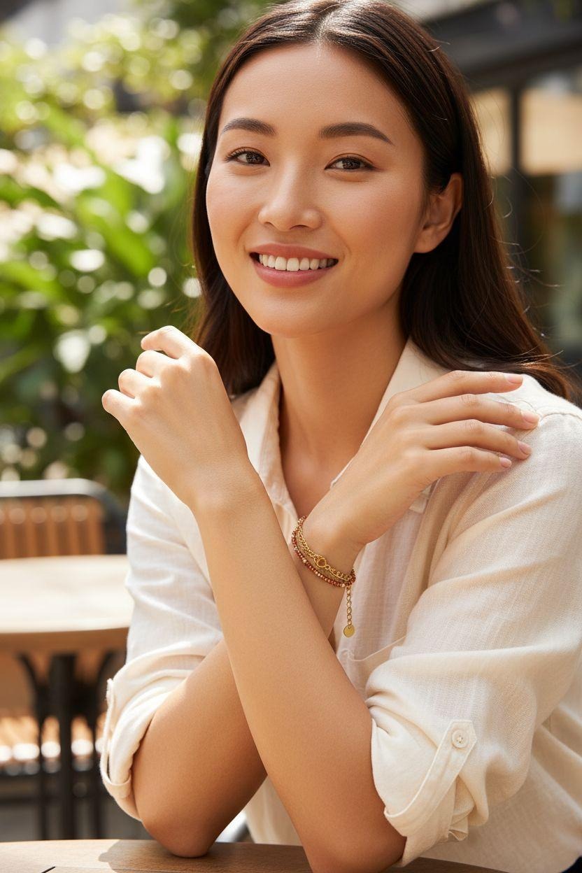 BRACELET EN ACIER DORE DOUBLE MAILLE AVEC BILLES GRENAT