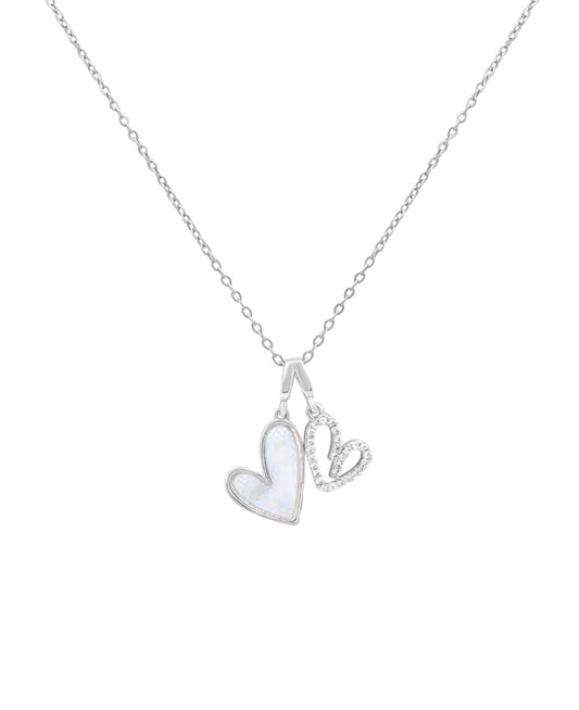 Collier en acier pendentif double coeur nacre et zirconium