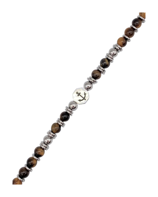 Armband met bruine tijgeroogstenen en stalen ankermotief