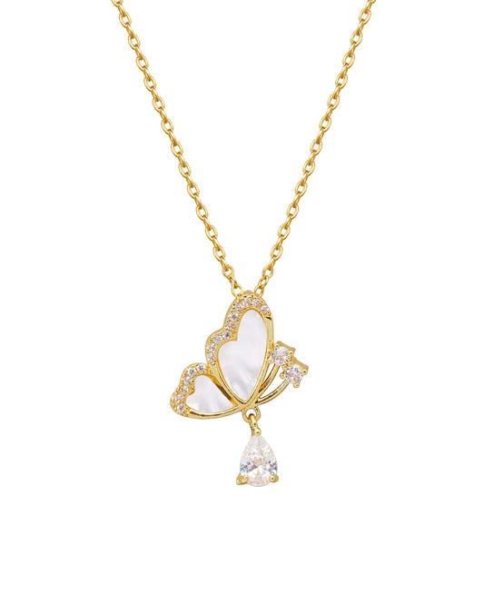 Collier en acier doré papillon nacre avec zirconium + solitaire