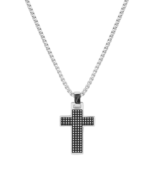 Steel necklace with cross pendant and black patterns