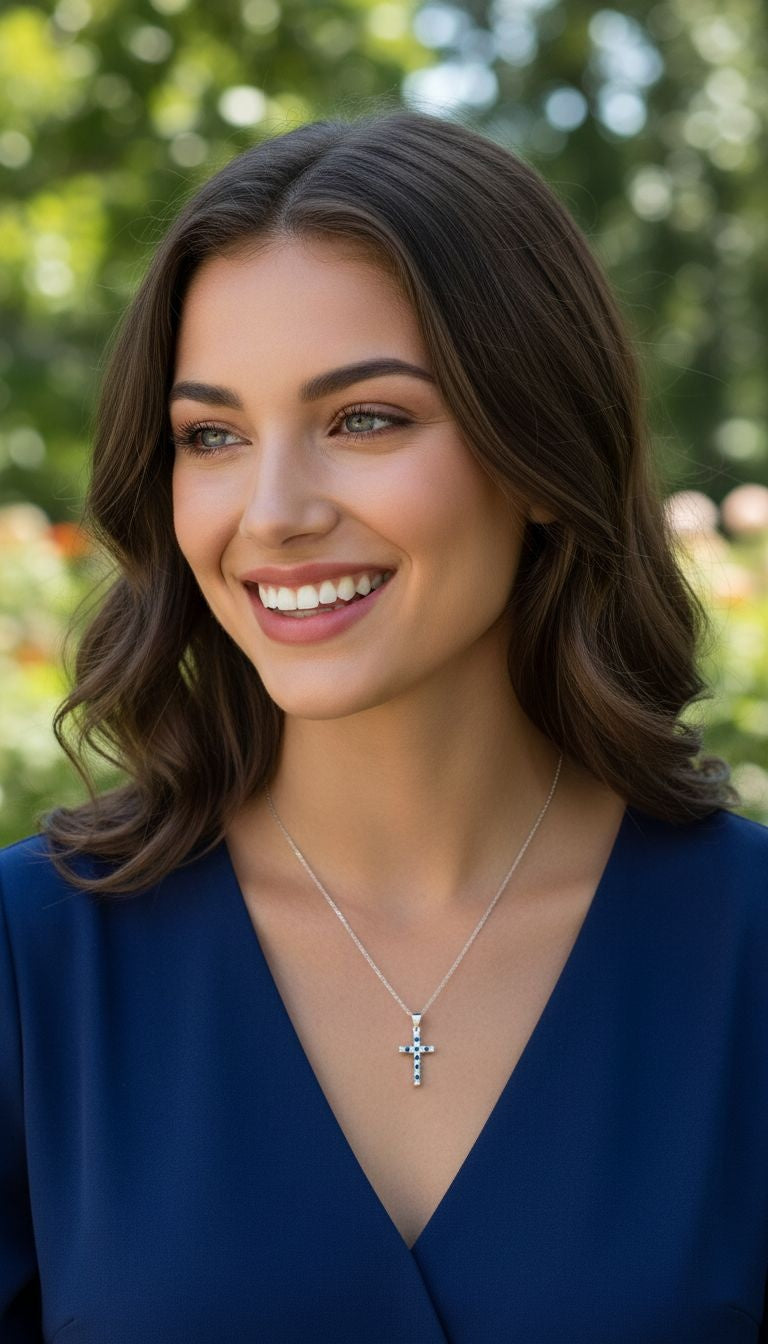 ZILVEREN KRUISKETTING MET WITTE EN BLAUWE STENEN