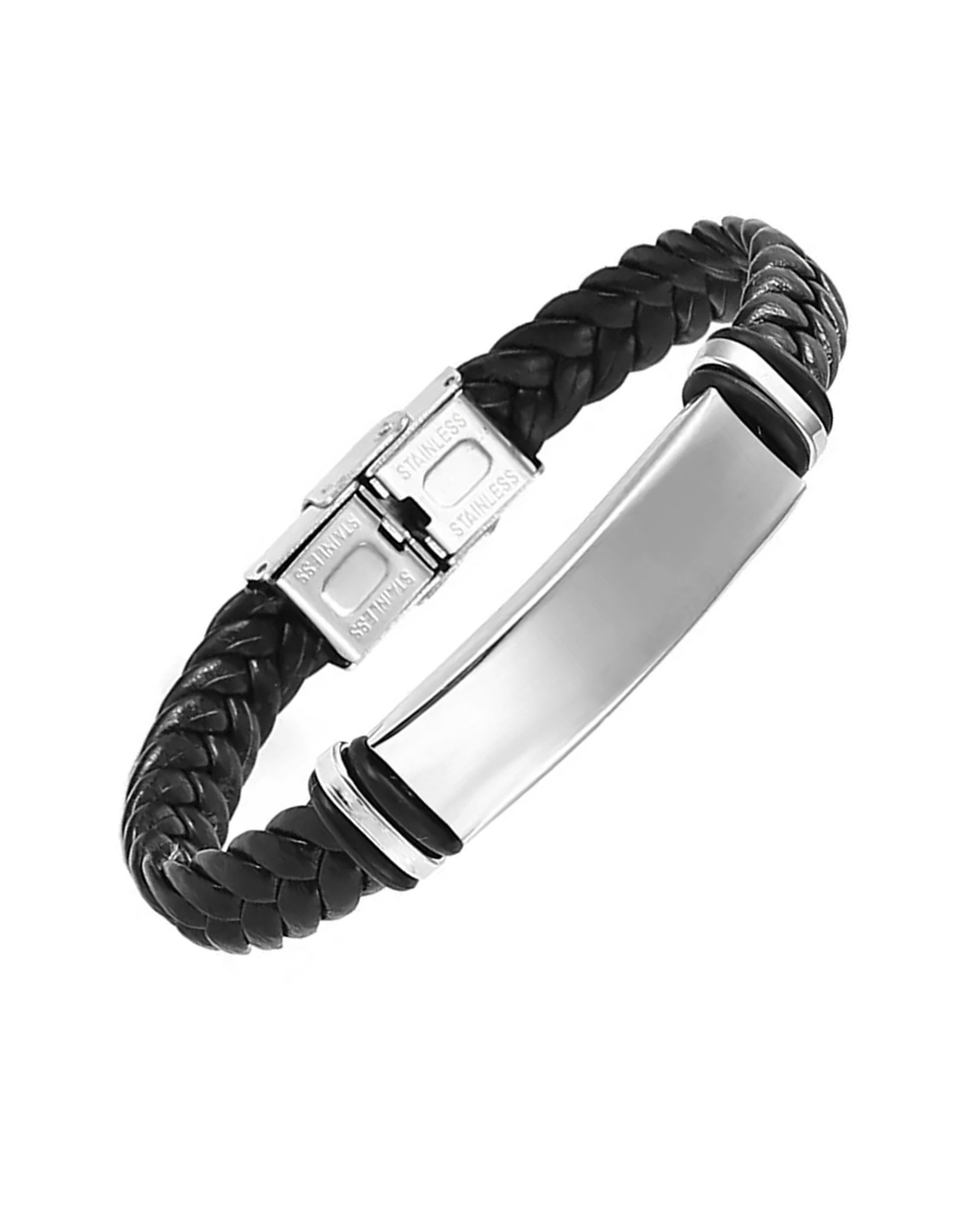 BRACELET EN CUIR NOIR TRESSE ET PLAQUE EN ACIER