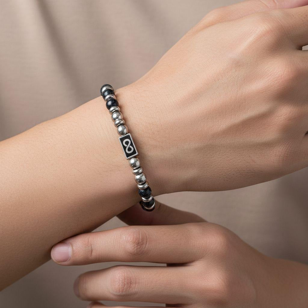 BRACELET ACIER PIERRES AGATES BLEUES ET MOTIF INFINI