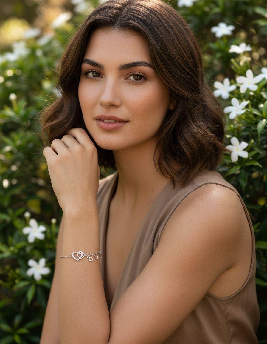 BRACELET EN ARGENT AVEC DOUBLE COEUR ET LOVE