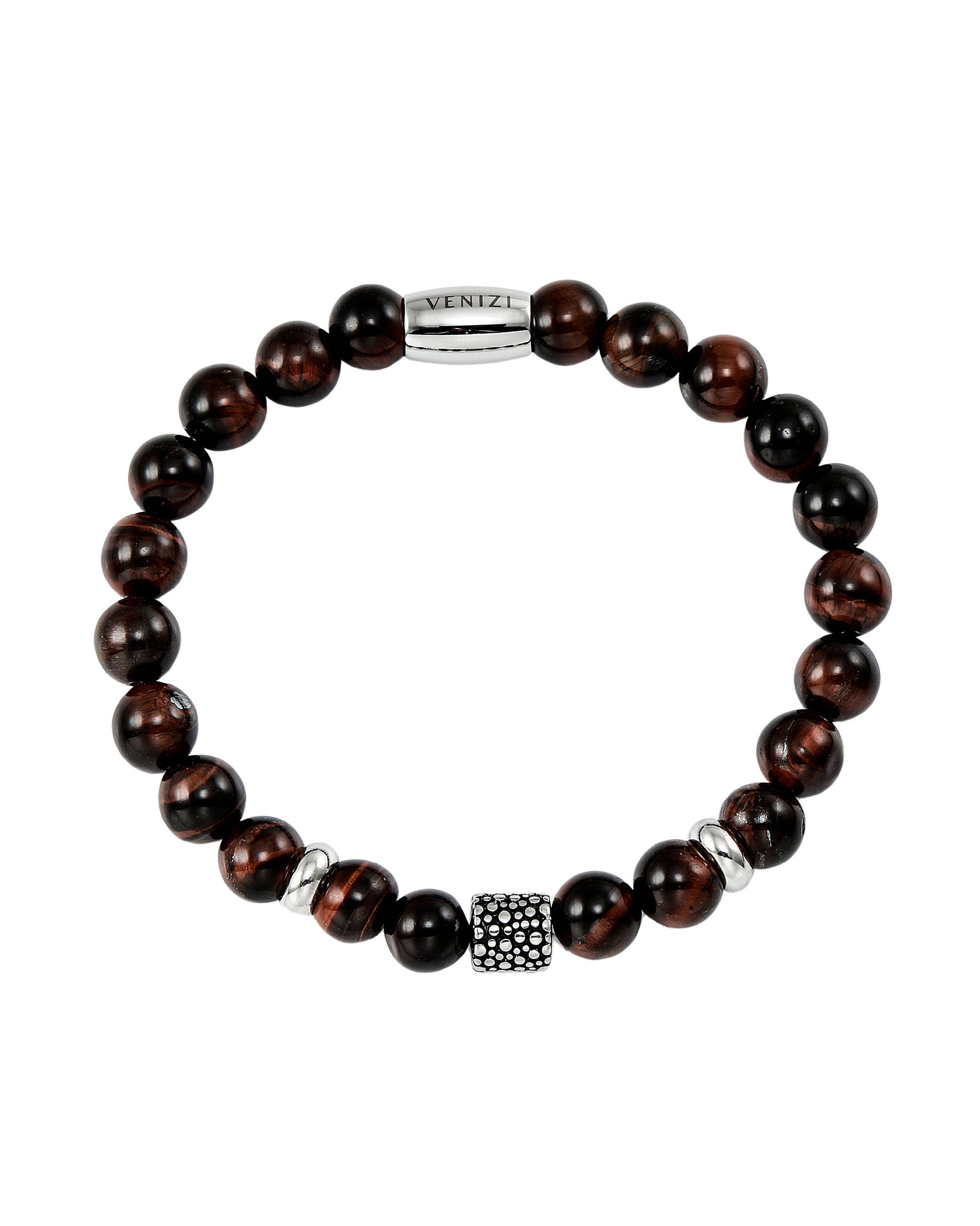 Bracelet pierres oeil de tigre rouge et acier