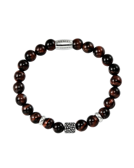 Bracelet pierres oeil de tigre rouge et acier