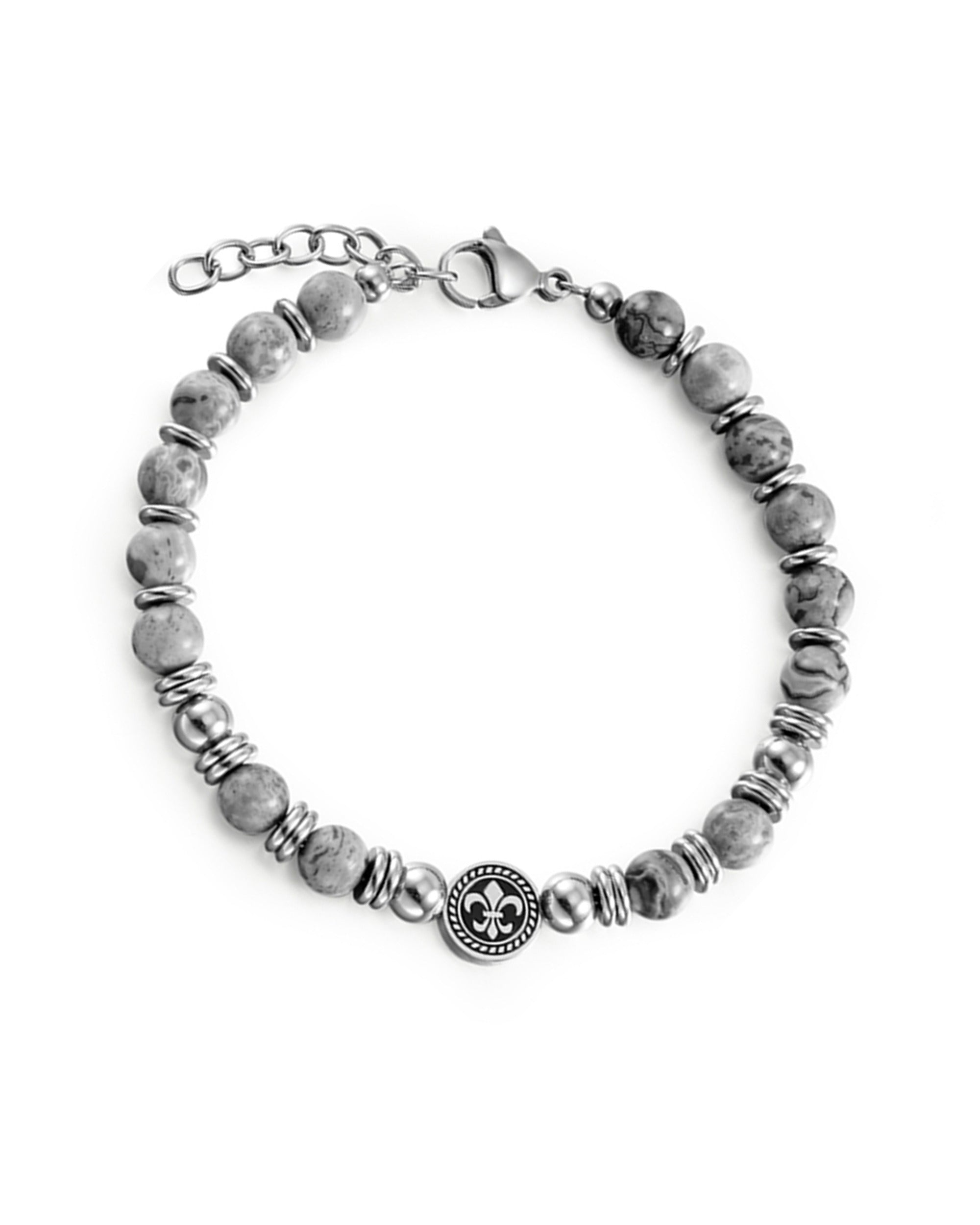 BRACELET PIERRES JASPE GRIS MOTIF FLEUR DE LYS