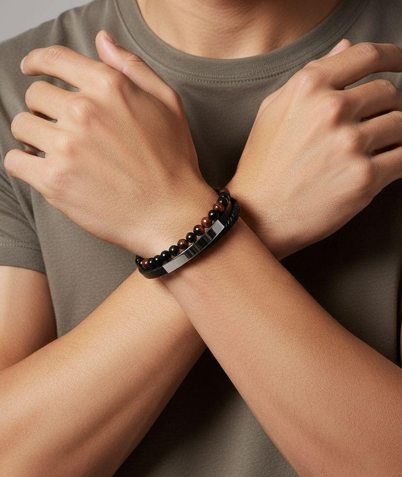 BRACELET EN CUIR ET PIERRES OEIL DE TIGRE ROUGES