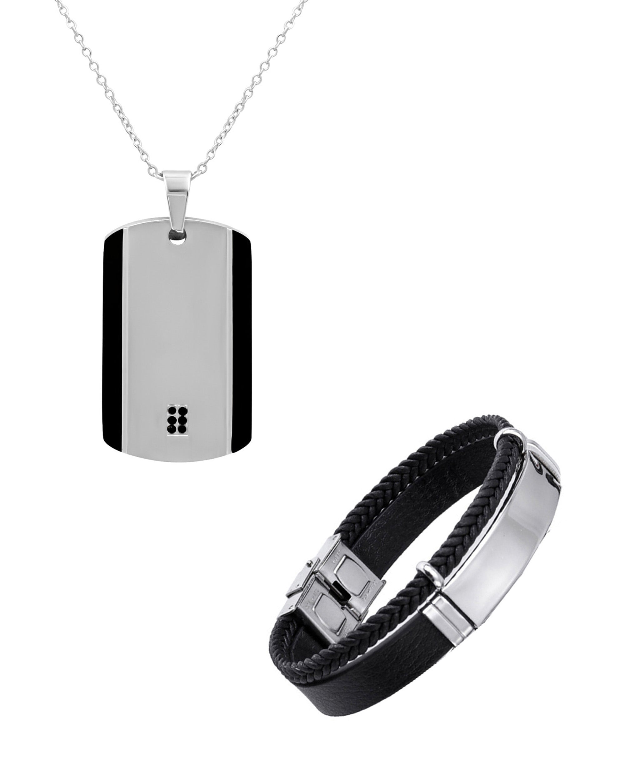 PARURE  EN ACIER PENDENTIF RECTANGLE AVEC STRASS ET BRACELET EN CUIR AVEC PLAQUETTE EN ACIER