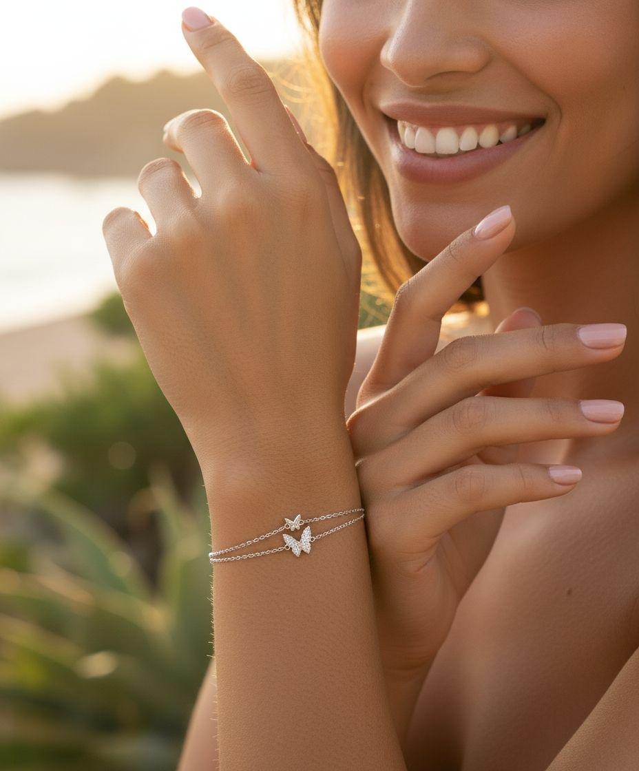 BRACELET EN ARGENT 2 PAPILLONS AVEC PIERRES