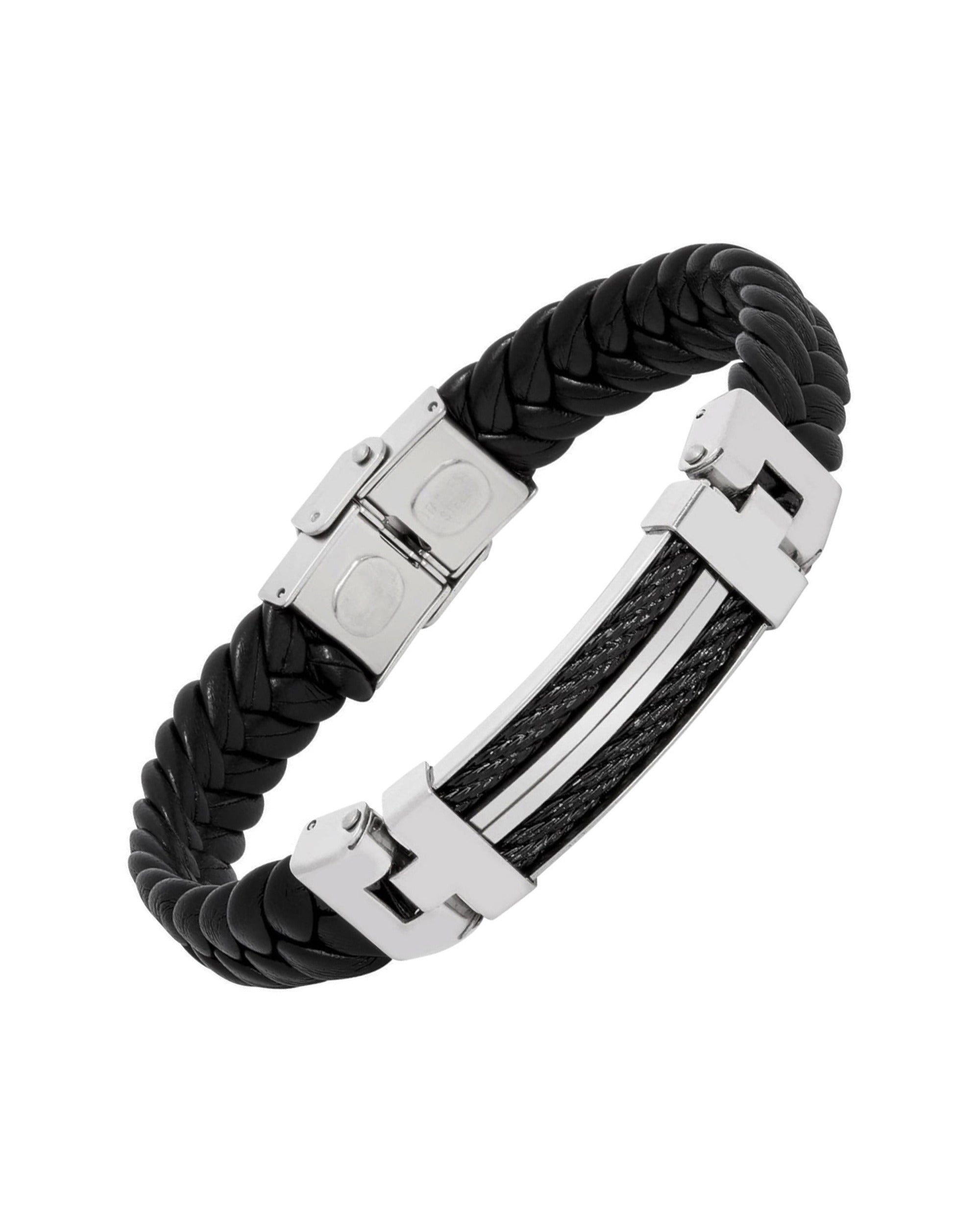 BRACELET EN CUIR ET ACIER ET CABLES NOIRS