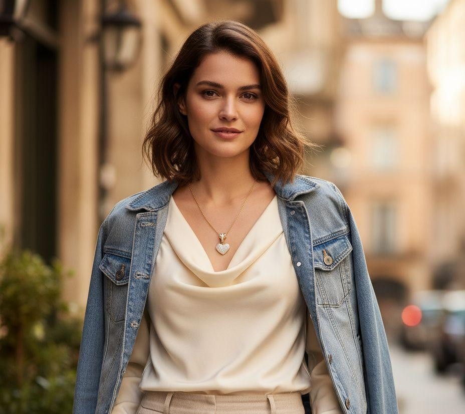 COLLIER EN ACIER DORE CERCLE ET COEUR AVEC STRASS