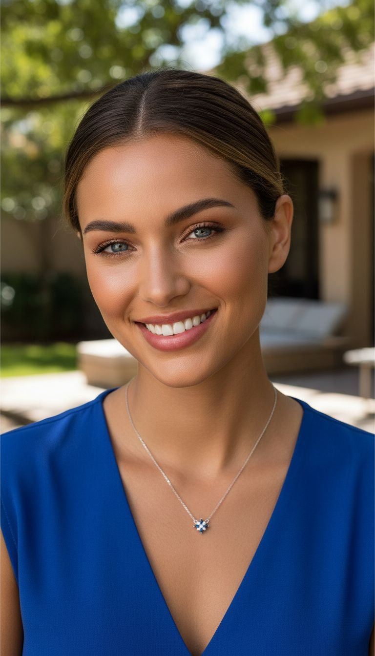 ZILVEREN KETTING MET BLOEMOTIEVEN EN BLAUWE EN WITTE STENEN